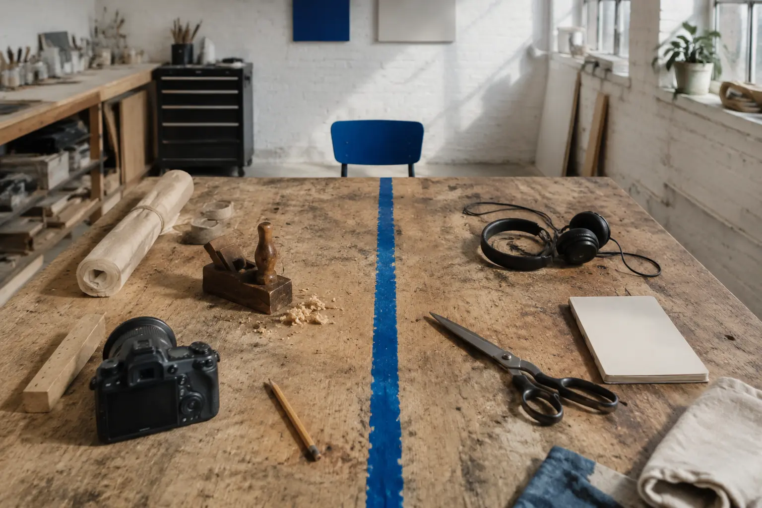 Empty studio worktable divided by a blue line with camera, audio, drawing, and making tools